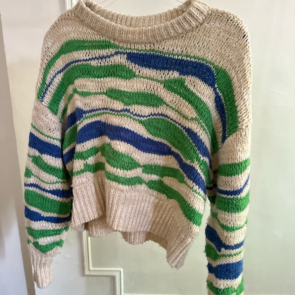 Aerie Green and Blue Crew Neck Sweater with Ribbed Details